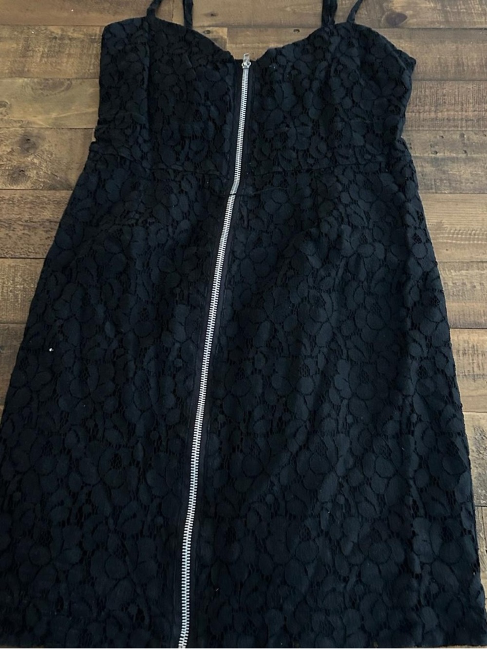 bebe Black Strapless Lace Dress with Front Zip